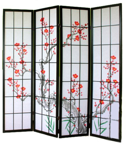 Paravent Japonais Fleur de Cerisier en Bois Noir de 4 pans, L176 x H175 x P2 cm -PEGANE-