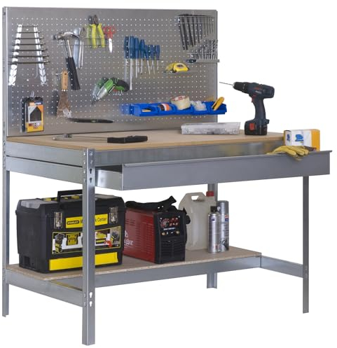 Simon Rack Banco da lavoro per officina, capacità di carico 400 kg, 1445x910x610 mm, Pannello Forato, Tavolo da lavoro fai da te, Zincato/Legno - BT2