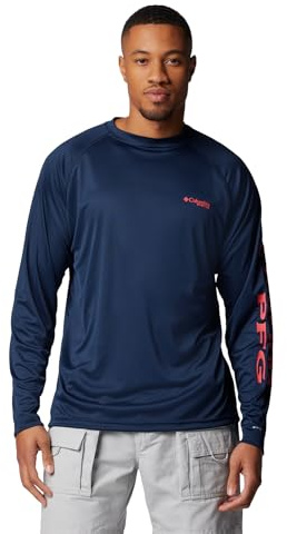 Columbia Men's PFG Terminal Tackle Long Sleeve Fishing Shirt, Collegiate Navy/Sunset Red Logo, 3X Tall