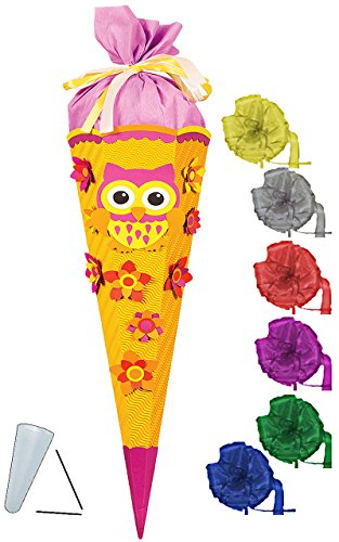 alles-meine.de GmbH BASTELSET Schultüte - lustige Eule & Blumen - 85 cm - incl. Schleife - mit/ohne Kunststoff Spitze - Zuckertüte - Set zum selber Basteln - 6 eckig/gelb..