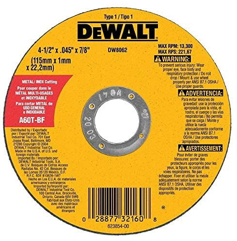 DeWalt DW8062 4-1/2 x .045 x 7/8 Type 1 Metal Cut Off Wheel - Quantity 15