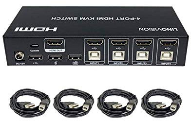 LINOVISION 4K 4x1 HDMI KVM Switch Support Max 4K@30Hz Input with USB2.0 Hub 4 in 1 Out Full Metal Housing Using One Set of HDMI Monitor, Keyboard and Mouse to Control 4 PC/DVR/NVR/PS3/PS4
