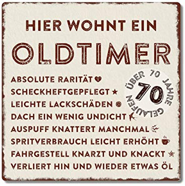 Interluxe Metallschild 20x20cm -Hier wohnt ein Oldtimer 70 - wetterfestes Schild zum 70. Geburtstag Geschenkidee für Papa, Opa, Freund, Kollege oder Nachbar