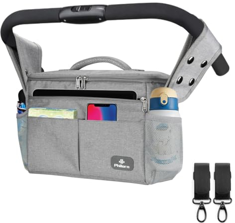 PHILORN Kinderwagen Organizer mit Isolierte Getränkehalter, Schultergurt Große Kapazität, Universal Baby Kinderwagen Tasche, Grau
