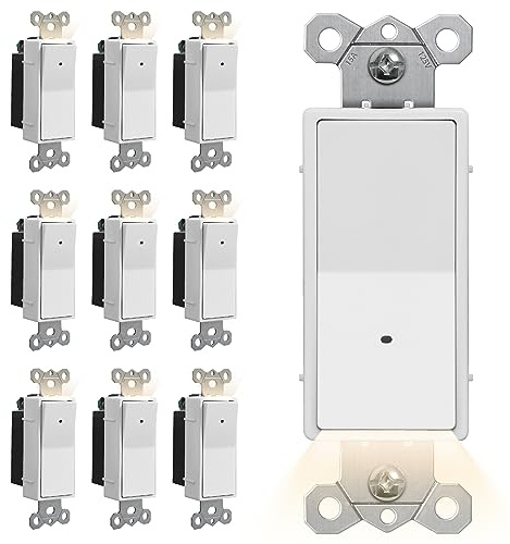 [10 Pack] CML Illuminated Guide Light Switch, Single Pole Decor Paddle Rocker Wall Switch, Dusk to Dawn Automatic On/Off Light Sensor, 15 Amp 120V Grounding Wire, ETL Listed, White