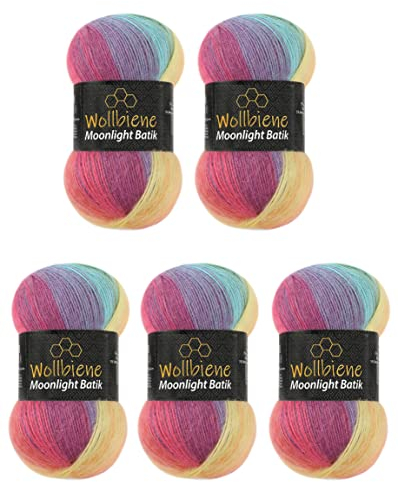 Wollbiene Moonlight Batik 5 x 100g Strickwolle 500 Gramm Wolle zum Stricken und Häkeln 20% Wolle türkische Wolle Farbverlaufswolle Strickwolle (3000 regenbogen pastell)