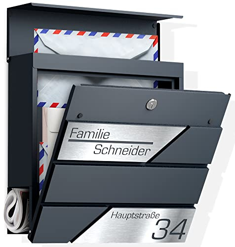 Graviers Design Briefkasten mit Zeitungsfach in Anthrazit RAL 7016 - Postkasten personalisiert Edelstahl Namensschild Hausnummer Straßennamen - Wandbriefkasten Briefbox mit Schloss Zeitungsrolle