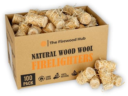 100 accendini in lana di legno – accendifuoco naturali realizzati in legno e cera, lunga durata fino a 10 minuti, ideali per bruciatori a legna, barbecue, caminetti e falò