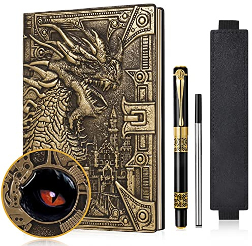 JiaoJiRen DND Dragon Notizbuch 3D geprägtes Ledertagebuch A5 Antigue Reisetagebuch mit Pen&Pen Sleeve,D&D Daily Diary Lined Writing Notebook(Bronzedragon)