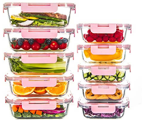 HAKEEMI Lot de 10 boîtes de conservation en verre hermétiques avec couvercles, passent au micro-ondes et au lave-vaisselle, rose