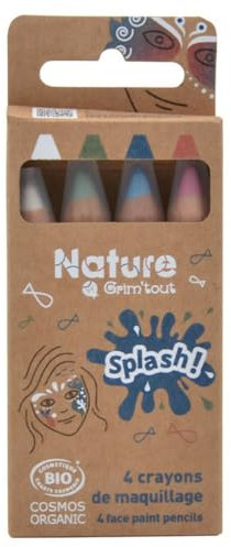Grim'Tout - Nature Set de 4 Crayons de Maquillage Facial - Certifiés Bio - Maquillage de Fête pour Enfant et Adulte : Anniversaire, Halloween, Carnaval, Kermesse - Couleurs Splash!