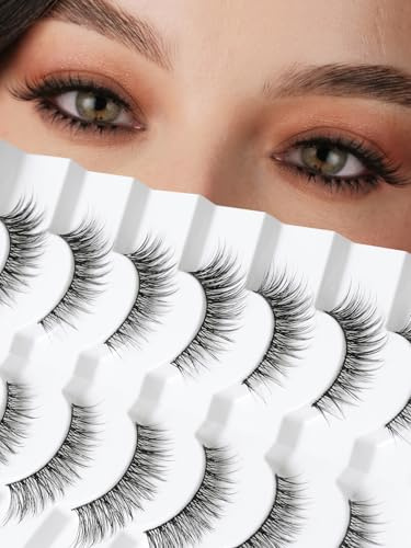Natural Cat Eyelashes False Lashes Wispy 14mm False Eyelashes Natural Look 0.1MM Thin Band Strip Lashes Pack C Curl Fake Eyelashes Wispy Cat Eye Lashes 3D Volume Siligli Lashes 7 Pair