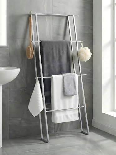 Metal Leaning Ladder Towel Rack, 4-Tier Blanket Stand for Bathroom Living Room, No Drilling Quilt Storage Organizer(Silver)