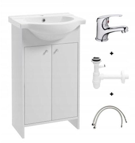 Domodomo - Armoire de salle de bain avec lavabo - 85 x 50 x 25,5 cm - Meuble de salle de bain à poser et meuble bas - Laqué - Ensemble élégant avec lavabo en céramique (blanc 50 cm + siphon + robinet