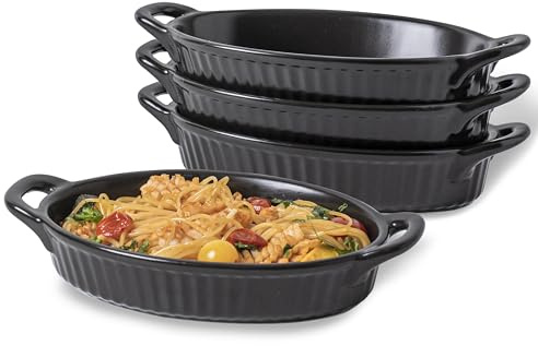 Frewinky Baking Dishes,9-inch Ceramic Baking Dish Set with Handles Heat Resistant,Mini Casserole-Dishes for Oven, Porcelain Oval Baking Dishes for Gratin,Casserole and Roasting,Set of 4,Black