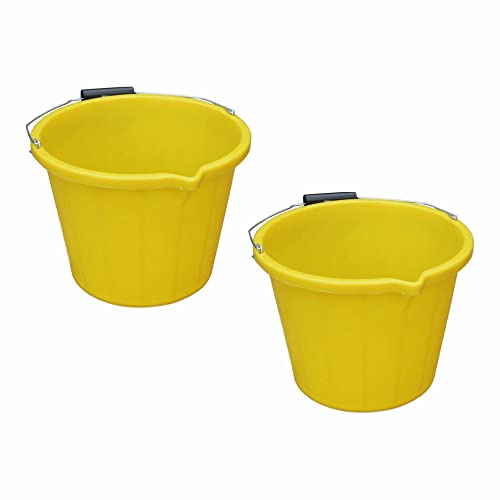 [Set Of 2] - 3 Gallon 14Litre Plastic Builders Bucket with Measuring Guide Strong Metal Handle Water Storage Mixing Animal Feeding Bucket For Home, Garden - (Yellow)