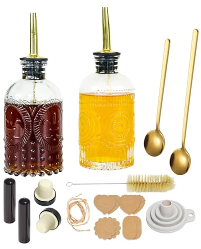 Oudizz 2 Pack Olive Oil Dispenser Bottle for Kitchen - 200ml Clear Glasses Oil and Vinegar Dispenser Set with Spouts, Bottle Stopper, Spoon, Brushes, Funnel and Labels