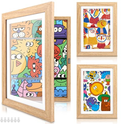 LDXDRU 3-Pack A4 Tavelram i Träfärg, Barnteckningsram 21 x 29,7 cm, Påfyllbar Tavelram med Öppningsbar Front för Barnteckningar, Hem, Skola och Barnrum