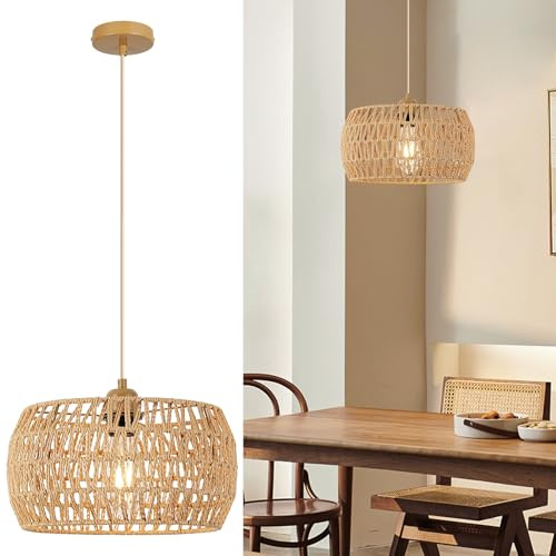 FORCOSO Rattan Pendelleuchte Esstisch - Vintage Hängelampe E27 Boho Lampe | Ø32cm Hängeleuchte Rattan Deckenlampe für Schlafzimmer Wohnzimmer Esstisch Küche Flur - Braun