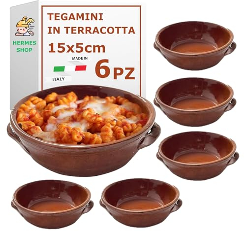 HERMES SHOP - Set 6 Terrine in Terracotta per Zuppe e Piatti Tradizionali - Diametro 15cm - Altezza 5cm - Made in Italy - Tegamini adatti al Forno per Gnocchi, Fusilli, Parmigiana e Zuppe.