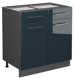 Vicco Küchenunterschrank Fame-Line, Dunkelblau Hochglanz, 80 cm | MDF-Front · Ohne Arbeitsplatte · Höhenverstellbare Füße · Metallgriffe · Soft-Close