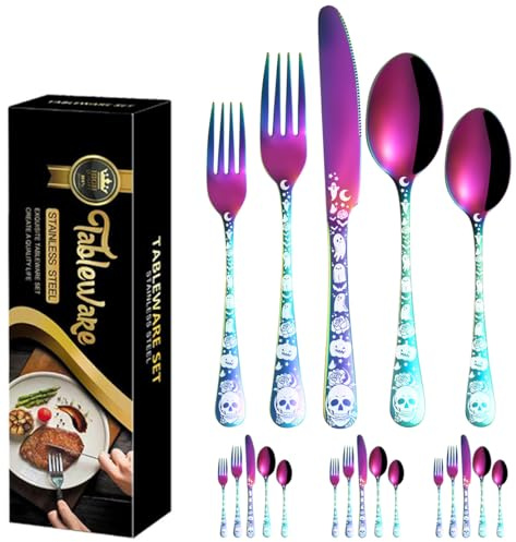 XIAOYU 20 Piece Halloween Skull Silverware Set, Tableware Cutlery Set Service for 4, Forks Knives Spoons Set with Skull Pattern Handle, Gothic Flatware Set for Halloween Easter and Christmas