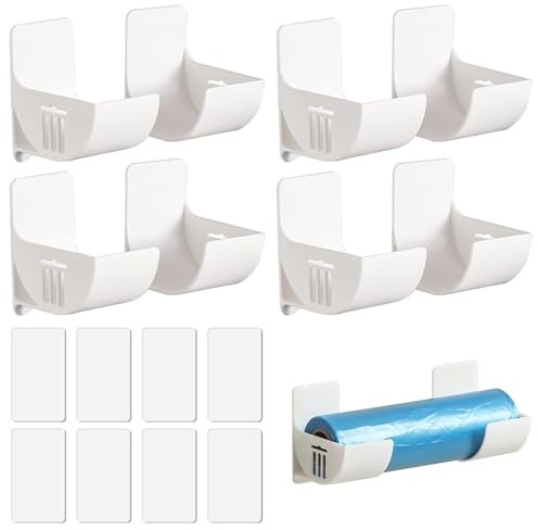 Focenat 4 Paires Support de Sac en Plastique, Distributeur de Sacs Poubelle, Film Alimentaire Support, Blanc, Adhésif, Support Mural Poubelles pour Cuisine, Salle de Bains et Armoire