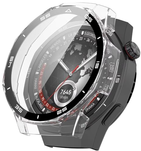 FTRONGRT Fodral kompatibelt med Huawei Watch GT 5 Pro 46 mm, PC + skärm härdad film, med skala, reptålig allomfattande klockfodral kompatibelt med Huawei Watch GT 5 Pro 46 mm. Transparent
