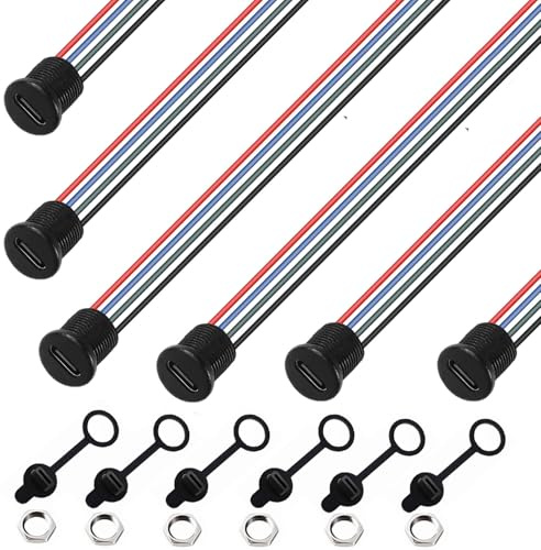 RUNCCI-YUN 10Pièces connecteur USB C a souder prise femelle,Ronde USB C 4 Fils femelle connecteur panneau,150mm 24 AWG, avec Cache-poussière et Écrous, Noir avec fonction PD