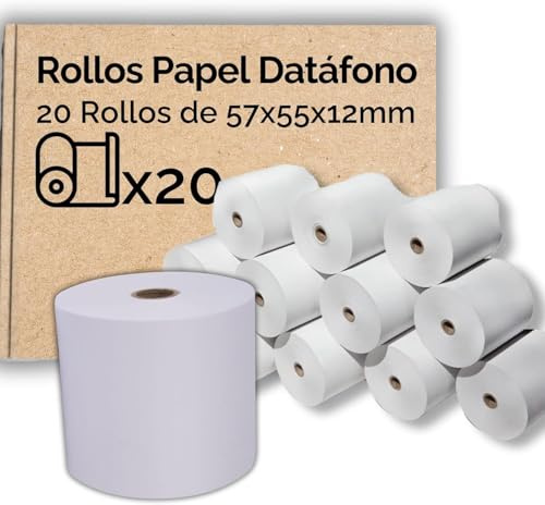 Rollos de Papel Térmico para TPV, 57x35x12mm, 20 Unidades Sin BPA, Blanco, Compatible Universal, Datáfono, TPV, Impreso(20UD)