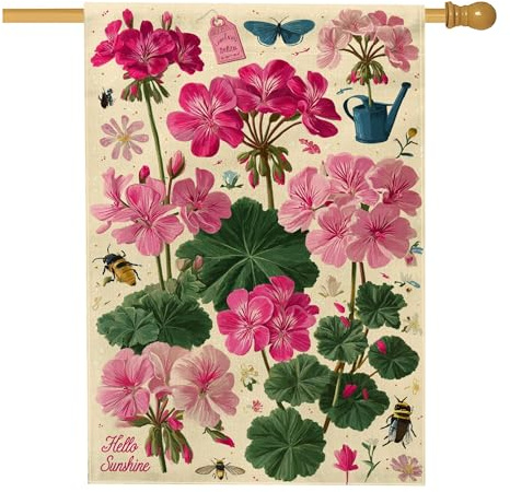 Bandera de jardín de geranio de verano, pancarta floral de melocotón, decoración del hogar, bandera de tela de doble cara para decoración de césped al aire libre, Hello Sunshine, 28 x 40 pulgadas