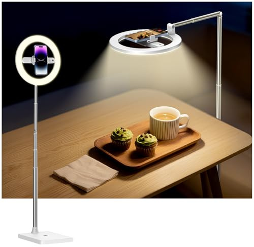 yAyusi 174 cm Inalámbrico Aro de Luz con Tripode, Tripode Cenital con Ring Light Recargable para Escanear Documentos, Grabación de Vídeo, Fotografía, Transmisión en Vivo, TikTok, YouTube