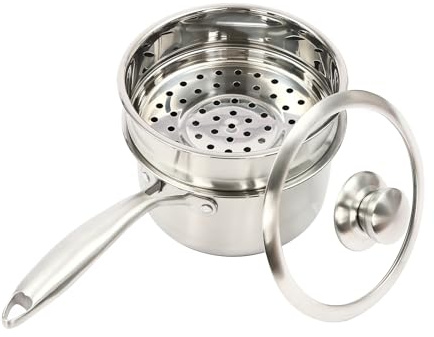 NOYGRNH Juego de vaporera con Tapa de Vidrio, Cacerola de Acero Inoxidable, Olla Multiusos for Salsas con Tapa de Dos tamaños con Orificios de Drenaje