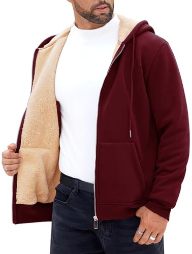 Rayson Hoodie Herren Sweatjacke Fleecejacke Winter Warm Zipper Tasche Kapuzenpullover Casual mit Kordelzug Sweatshirt Lange Ärmel（Vin-rouge,M