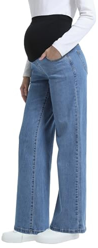 CFRTMTBB Women's Maternity Jeans Straight Legs Relaxed Fit Over Belly Comfy Stretch Pregnancy Denim Pants with Pockets (Light Blue,M)