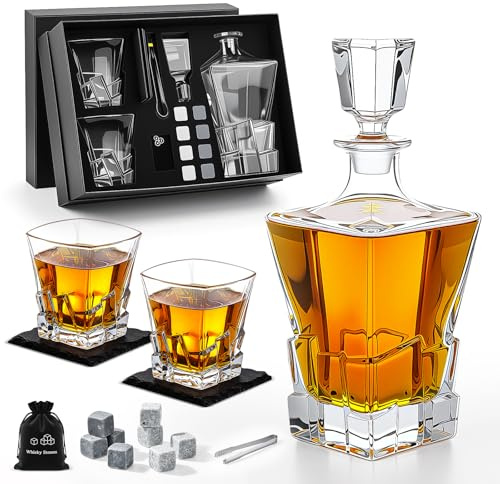 Focenat Ensemble carafe à whisky, coffret cadeau, carafe à whisky de 800 ml, 2 verres, 8 pierres, carafe à whisky et verres, cadeaux pour hommes