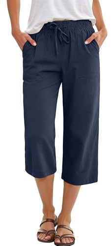 ANRABESS Capris Pants for Women Summer Casual Loose Drawstring Elastic High Waist Straight 2026 Lounge Beach Cropped Trousers Medium Navy Blue