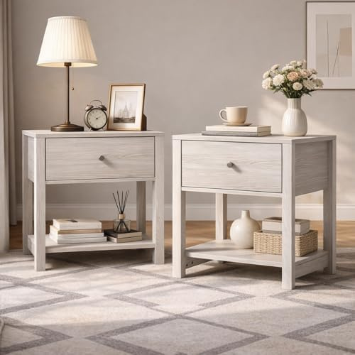 White Nightstand Set of 2, Modern Nightstand Bedside Table with Drawer and Large Storage Shelf, End Tables Side Tables for Bedroom, Mesa de Noche for Small Spaces