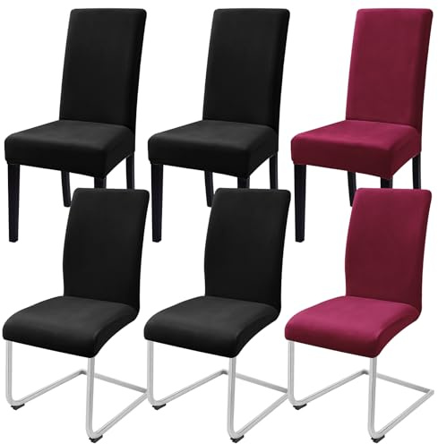 Alishomtll Samt Stuhlhussen 6er set Stuhlbezug Hussen für Stühle Elastische Stuhlhussen Schwingstühle Abnehmbar Esszimmer Stuhlbezüge Freischwinger für Küche Restaurant Hotel Bankett (4 Schwarz+2 Rot)