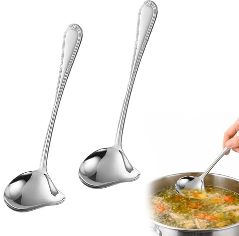 Juego de 2 cucharas de acero inoxidable, cucharón para salsas, cucharas para salsas, de material inoxidable 304 con boquilla y ojal para colgar, apto para lavavajillas, para salsa, sopa y cocina