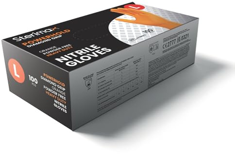 IDEAL 365 PowerHold Nitrile Diamond Grip Gloves – Tough Heavy Duty 0.22mm Thick Disposable Gloves, Chemical Splash Resistant, Food Safe, Latex Free, Industrial Grade (100 Pack) (1, Orange, Large)