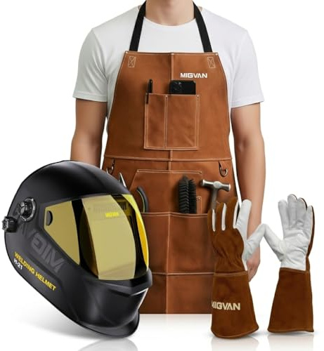 MIGVAN Profi Schweißer-Schutzset: H21 Automatik Schweißhelm True-Color (100×82mm) + Leder-Schweißerschürze (61x91cm) + Hitzebeständige Schweißhandschuhe (Größe M) – 3-teiliges PSA Komplettset für MIG/
