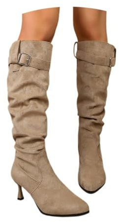 MODSGUE Bottes hautes pour femme avec talon haut, bout pointu, bottes d'été en daim sexy, chaussures basiques confortables et élégantes, kaki, 39