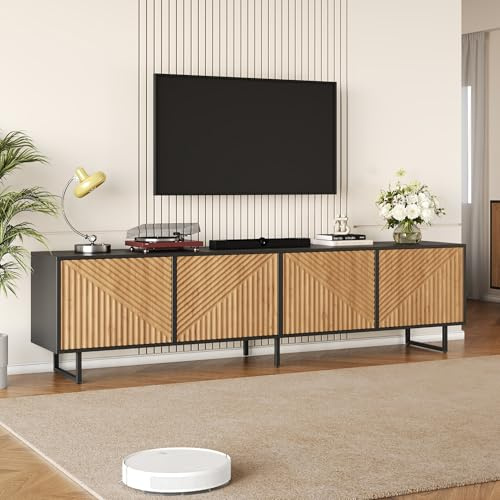 FammyLoft TV-Schrank bis 80 Zoll mit 3D-Textur, TV-Lowboard 180cm mit 4 Schranktüren, Fernsehtisch mit Griffloses Design, TV Stand, Fernsehschrank, TV-Board, TV-Kommode, Metallbeinen, Natur