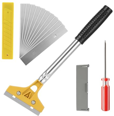 VINATO Grattoir en acier inoxydable 30 cm avec 10 lames de rechange – Grattoir à peinture, grattoir à vitre, racloir pour vitrocéramique, plaque induction & plancha