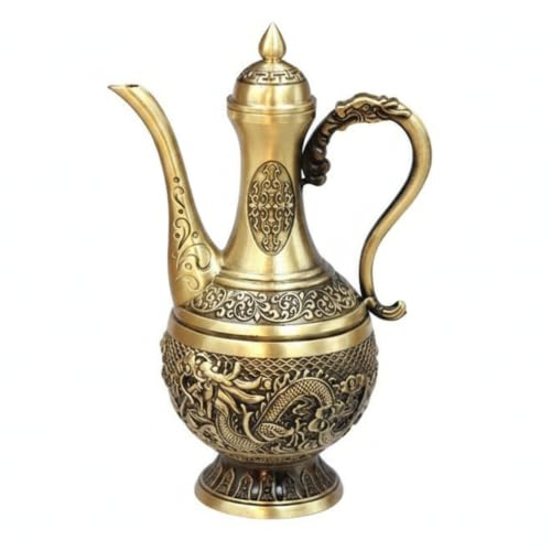 LOVIVER Cruche en Laiton Pichet Carafe Pot Vin Ancienne Relief Dragon en Métal avec Couvercle et Socle Stable Décor Sculptural Adaptée à Entrée Thé Vitrine Hauteur17cm Largeur11cm Poids490g