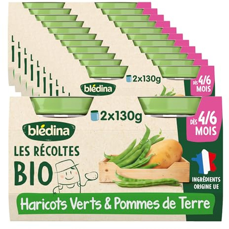Blédina Les Récoltes Bio, Petits pots bébé Bio dès 4/6 Mois, Haricots verts, Pommes de terre, 2x130g (Lotx12)