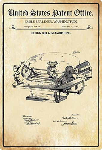 Blechschild 20x30cm gewölbt Patent Entwurf für ein Grammophon 1896 Deko Geschenk Schild