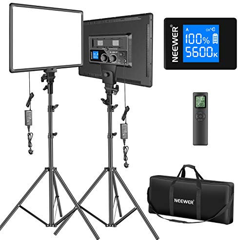 NEEWER LED Video Lighting Kit , 2 Pack Dimmable Bi Color 18 Large LED Panel with 2.4G Wireless Remote & Tripod Stand, 45W 3200K-5600K CRI97+ Studio Key Light for Photography Video Recording Streaming