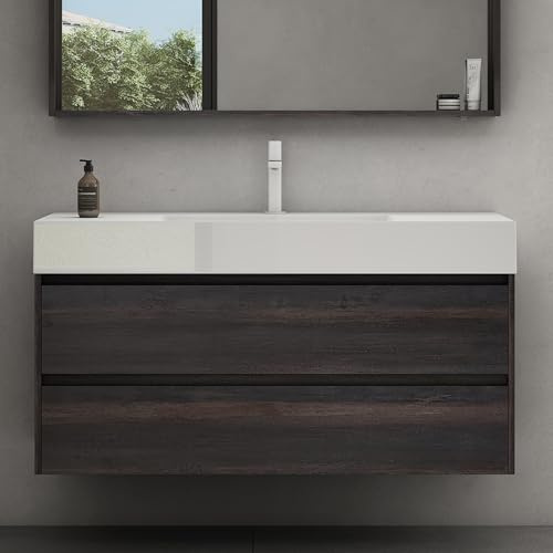 doporro Mobile Bagno Sospeso Mobiletto Sottolavabo da 120 cm Marrone Scuro con Lavabo Integrato, Set Mobili Include Lavandino in Marmoresina e 2 Cassetti Soft Close Montaggio a Parete Serie Deep
